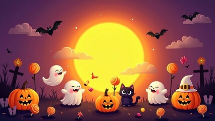 Cute Halloween Scene with Ghosts, Pumpkins, and Full Moon