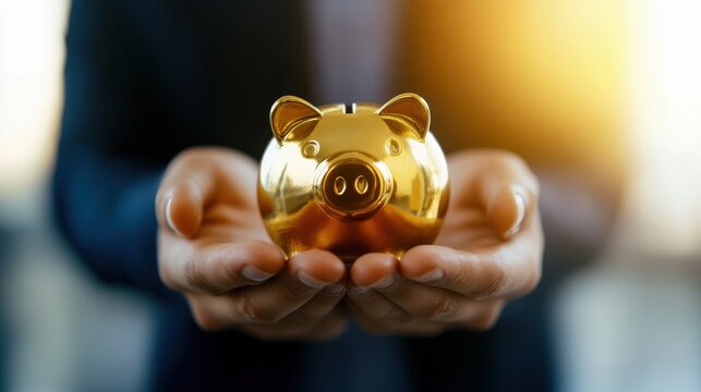 A person holds a shining golden piggy bank, symbolizing savings and financial success. A bright future awaits with smart investments.
