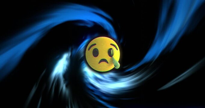 Sad face emoji with tear over swirling blue and black background animation