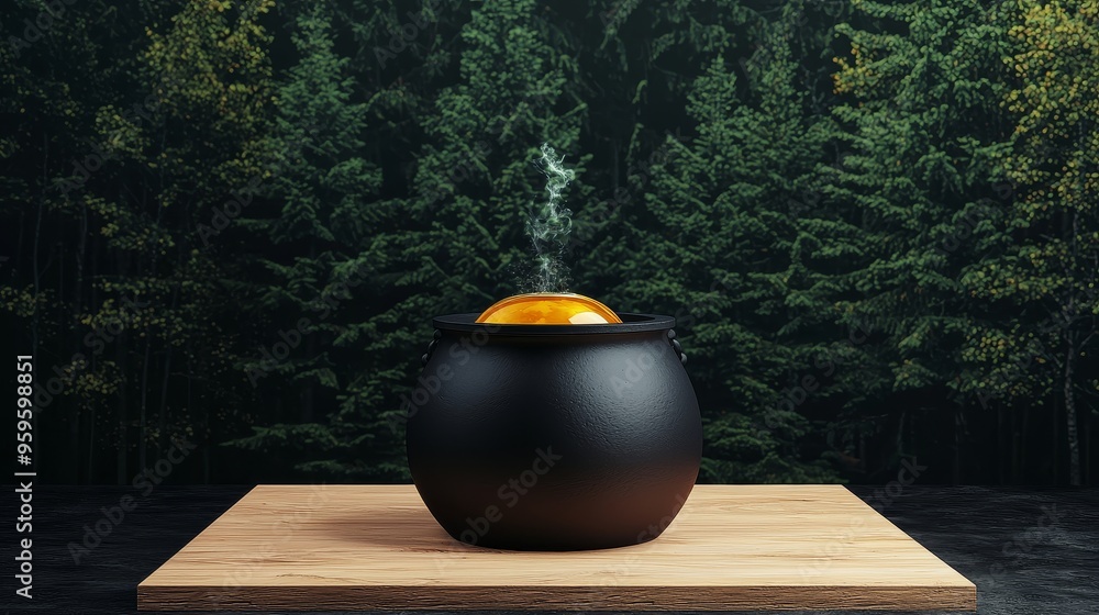 Poster magical halloween cauldron display with glowing liquid and forest background for mockup or design pr
