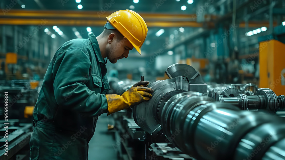 Poster a worker assembling machinery in a factory setting.