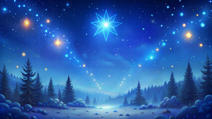 Naklejka premium Stunning winter Christmas night scene with bright star and sparkling sky in serene landscape