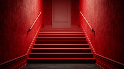 red staircase in a dark hallway - halloween background for advertisement display, graphic design and digital art.