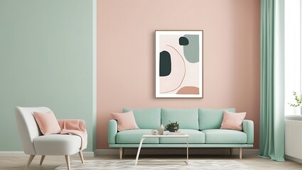 Scandinavian interior design of modern living room, home. Colorful vibrant pillows, and beautiful wall art