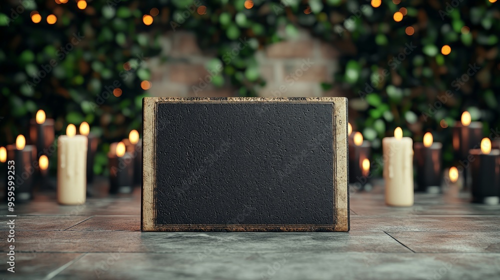 Poster halloween advertisement display mockup black square frame with glowing candles and rustic stone back