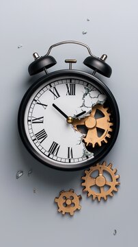 broken clock with gears representing time and global financial crisis.