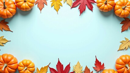 Obraz premium Autumn Pumpkins and Leaves Border on Light Blue Background