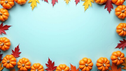 Autumn Pumpkins and Leaves Border on Light Blue Background