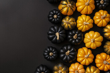 Top view of golden and black decorative pumpkins with copy space