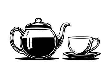 Glass teapot with brewed green tea beside a matching teacup, vector illustration art