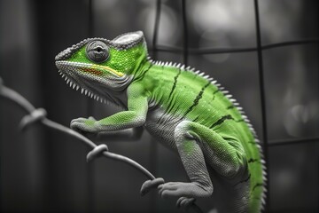 Obraz premium Green and Black Chameleon Balancing on a Branch