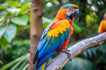 Obraz premium A Colorful Parrot With a Blue Tail Sits on a Branch