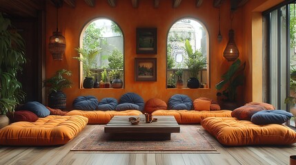 Cozy bohemian living room with a low seating area, including colorful poufs and plush floor cushions arranged around a wooden coffee table. The room is filled with natural textures, warm lighting,