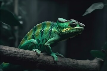 Fototapeta premium Green and Black Chameleon Balancing on a Branch