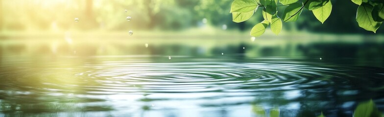 Water droplets falling on a still pond with a blurred background of green leaves.