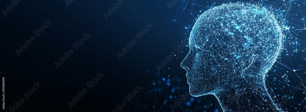 Poster abstract digital portrait of a human head made of glowing lines and dots, representing artificial in