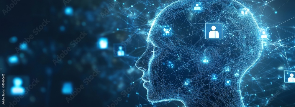 Aufkleber a digital human head connected to many other people in a network, symbolizing interconnectedness and