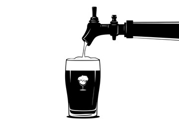 Stout beer tap pouring dark liquid into pint glass, foam, vector illustration art