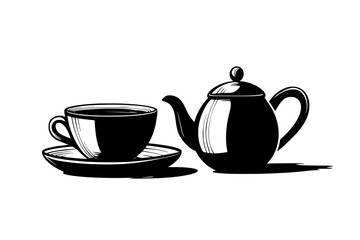 Teacup filled with chai beside a small teapot on a flat surface, vector illustration art