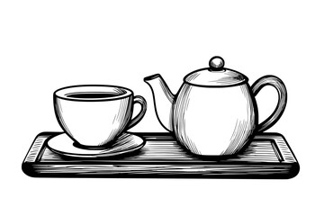 Teapot filled with chai next to a matching cup on a wooden tray, vector illustration art