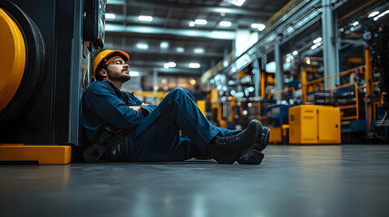 A worker resting in an industrial setting, reflecting on tasks.