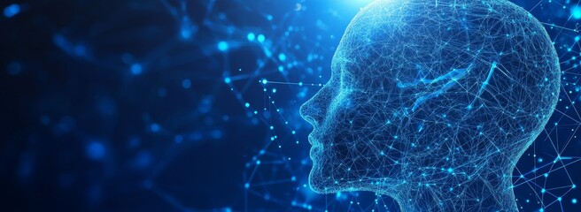 A wireframe of a human head with a blue background and glowing dots.