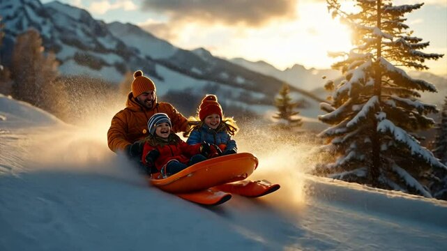 A family sledding down a gentle hill in a picturesque winter landscape, parents and kids enjoying the thrill and laughter, snowflakes softly falling,