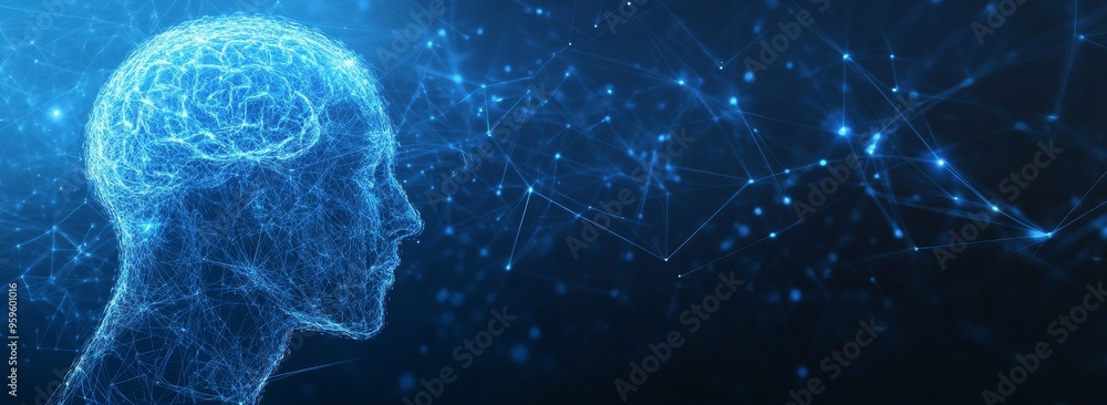 Poster A digital representation of a human brain, glowing with blue light, against a dark background with a network of interconnected lines.