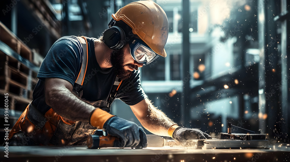 Poster a worker using power tools in a workshop, focused on craftsmanship.