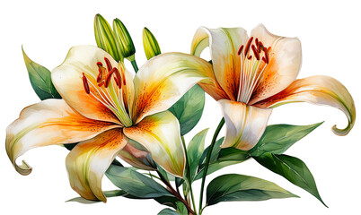 Obraz premium lily flower with stem and leaves, watercolor clipart illustration on isolated background.