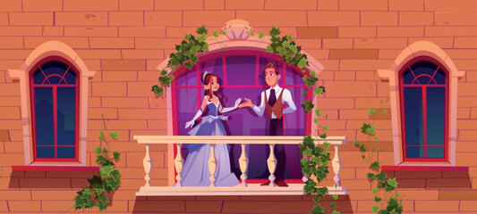 Princess in ball dress and prince on balcony of medieval castle with brick wall, windows and climbing ivy. Cartoon fairytale vector of young couple characters in love on royal palace terrace. © klyaksun