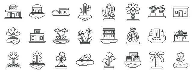 Lake desert icons set. This collection of line icons showcases the serene beauty of oases, capturing the essence of lush vegetation and tranquil waters amidst arid landscapes