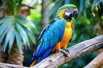 Obraz premium A Colorful Parrot With a Blue Tail Sits on a Branch