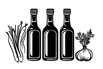 Three bottles of liquid positioned side by side, each with a different fruit next to it, vector illustration art