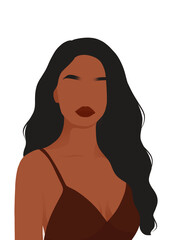 Illustration of a Black woman with wavy hair, showcasing natural beauty and elegant style, ideal for beauty, fashion, and lifestyle content.