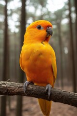 Obraz premium A stunning yellow parrot rests on a branch amidst the enchanting forest, creating a perfect harmony between vibrant color and natural surroundings. The intricate details capture its beauty