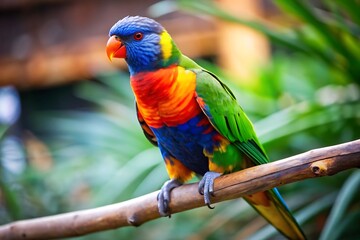 Obraz premium A Colorful Parrot With a Blue Tail Sits on a Branch