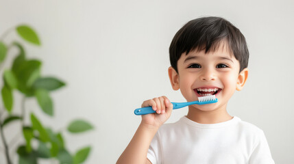 indian little child brushing teeth with brush