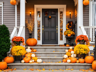 Halloween design home with yellow fall leaves and lanterns. House entrance staircase decorated for autumn holidays, fall flowers and pumpkins. Cozy wooden porch of the house with pumpkins in fall time