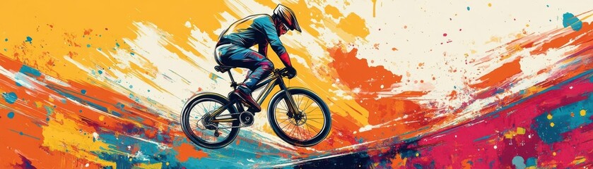 Fototapeta premium A vibrant pop art depiction of a cyclist performing a daring stunt