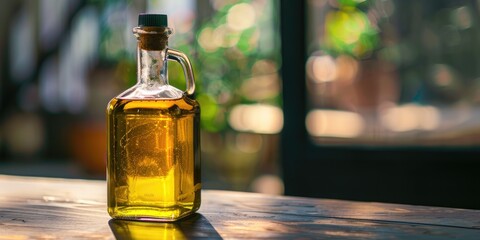 A container of plant-based or reused cooking oil placed on a surface can be transformed into biodiesel fuel.