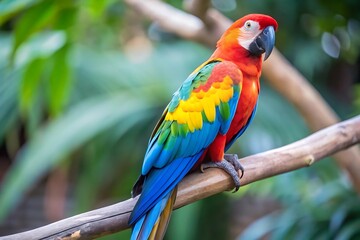 Obraz premium A Colorful Parrot With a Blue Tail Sits on a Branch