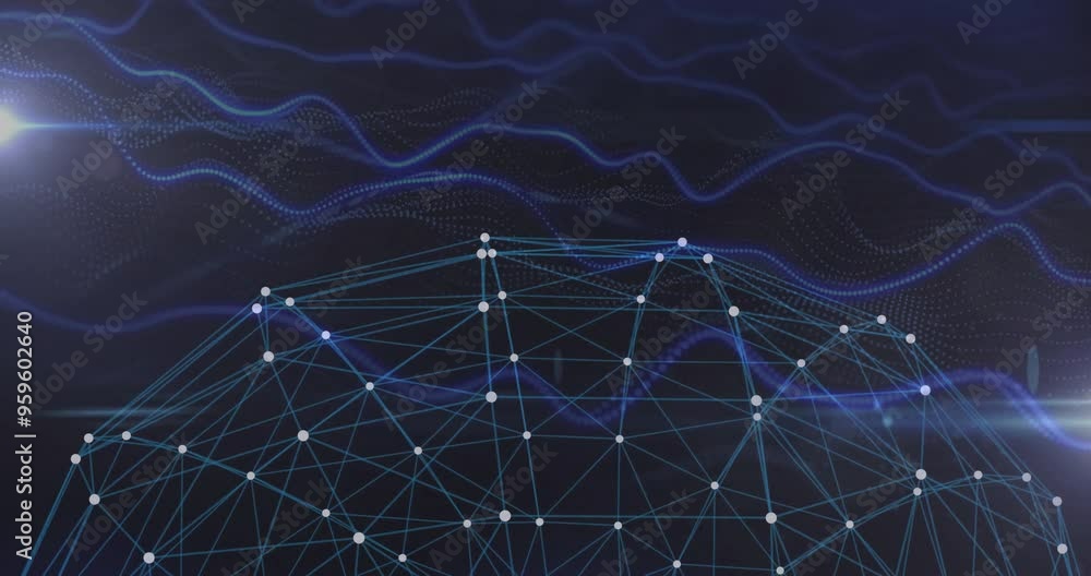 Poster network of connections and data processing animation over abstract dark background