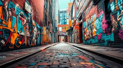 Fototapeta premium A narrow street with graffiti covered brick walls and cobblestone pavement.