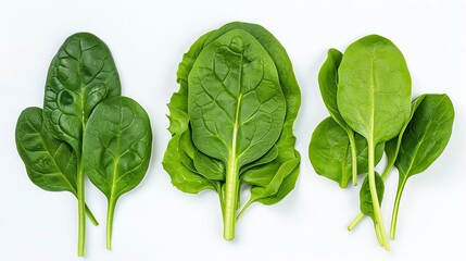 Fototapeta premium Fresh spinach leaves arranged on a white background, showcasing their vibrant green colors and different sizes.