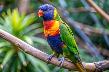 Obraz premium A Colorful Parrot With a Blue Tail Sits on a Branch