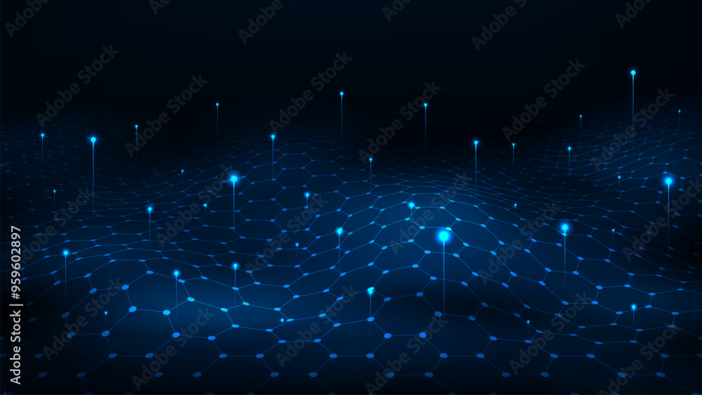 Poster Futuristic big Data concept. Wave line hexagon pattern abstract digital technology background.