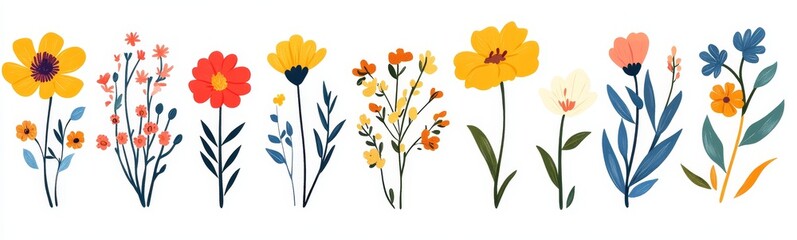 Set of 9 colorful flowers and floral elements isolated on a white background.