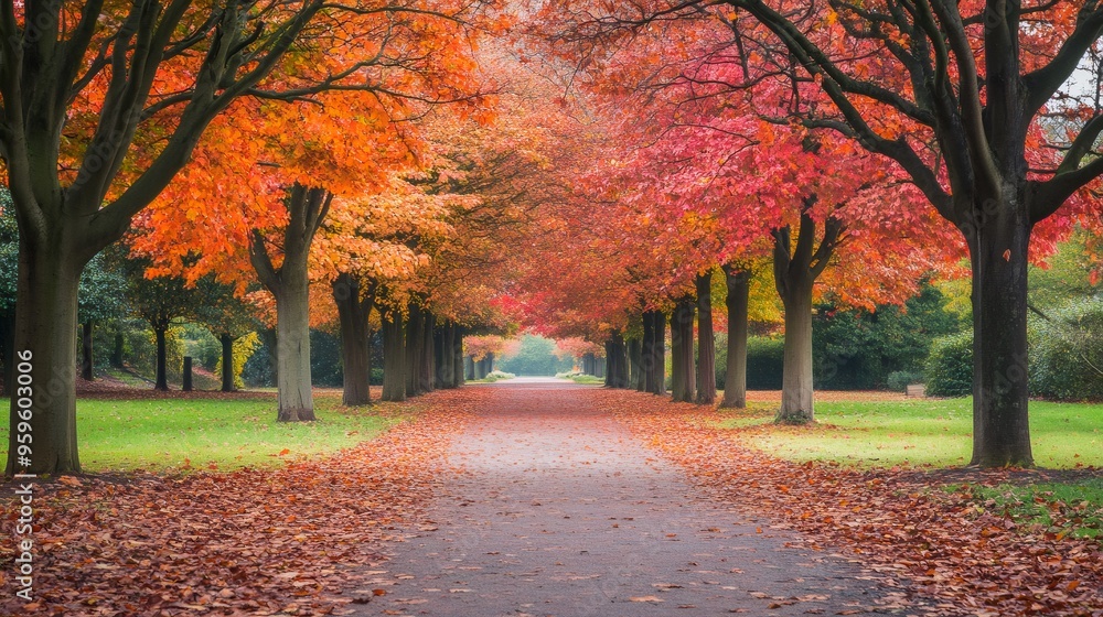 Poster a path through a park lined with trees in autumn foliage. the leaves are vibrant orange and red, cre