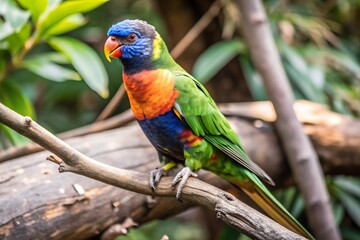 Obraz premium A Colorful Parrot With a Blue Tail Sits on a Branch
